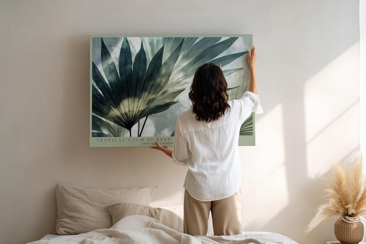 Paul Sinus Wandbild 120x80cm tropische Blaetter modern gruen beige botanische Kunst Kunstdruck grosses Wandbild 120x80cm ruhige Natur Wanddekoration fuer Wohnzimmer Büro