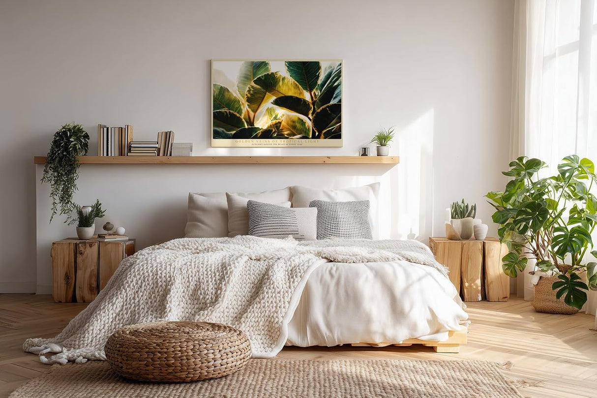 Paul Sinus Wandbild 120x80cm Tropische Blaetter Sonnenlicht botanische Kunst Wanddekoration grüne Pflanzen Naturmotiv Wohnzimmer Schlafzimmer