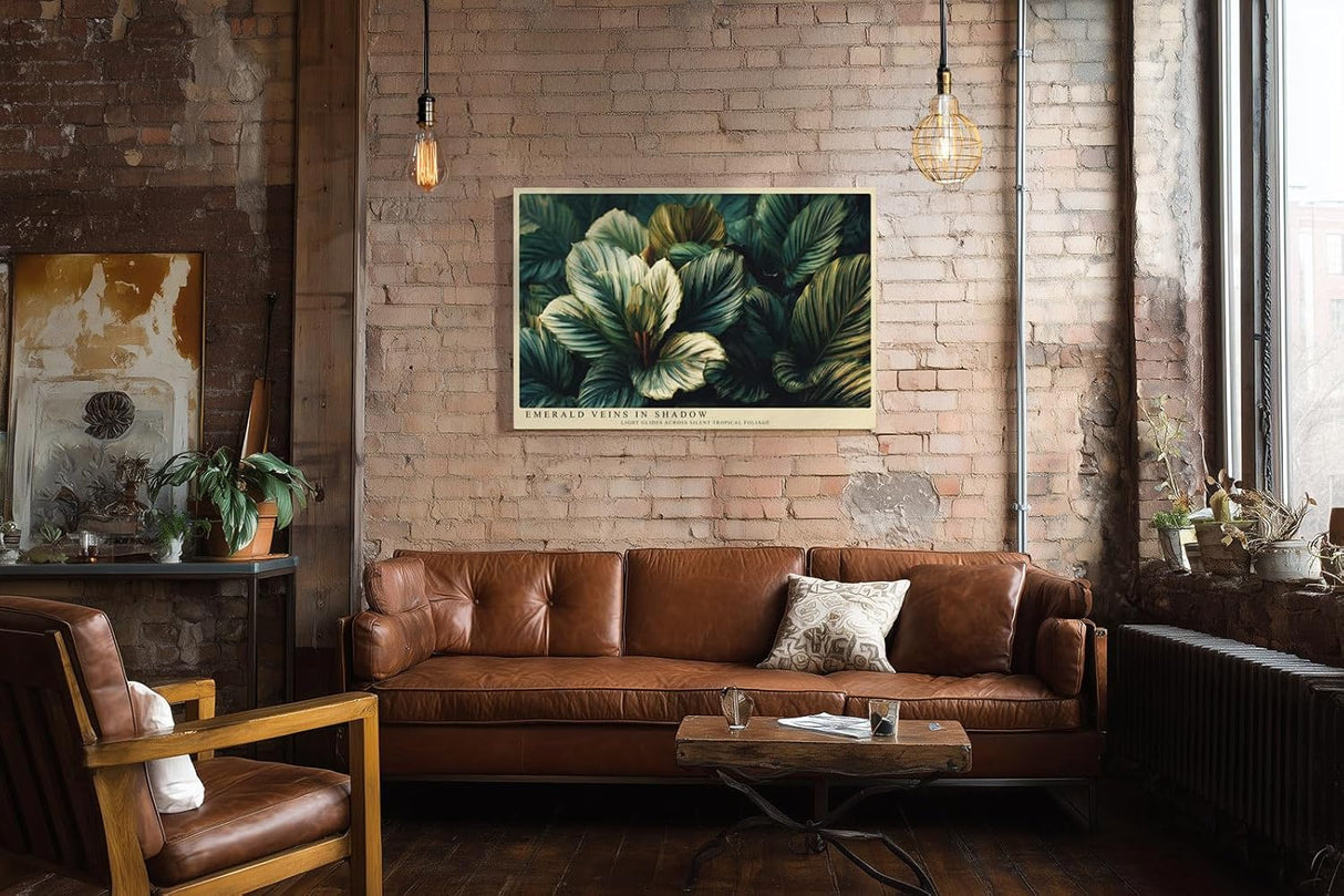 Paul Sinus Wandbild 120x80cm Tropische Blattkomposition in Gruen Botanische Naturkunst mit dunklem Hintergrund