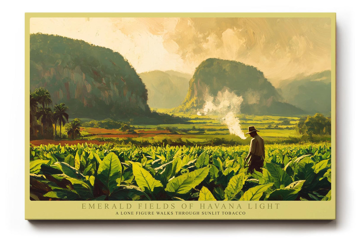 Paul Sinus Wandbild 120x80cm Tropische Landschaft mit Tabakfeld und Bergen Atmosphaerische Naturkunst in Gruen und Goldtoenen