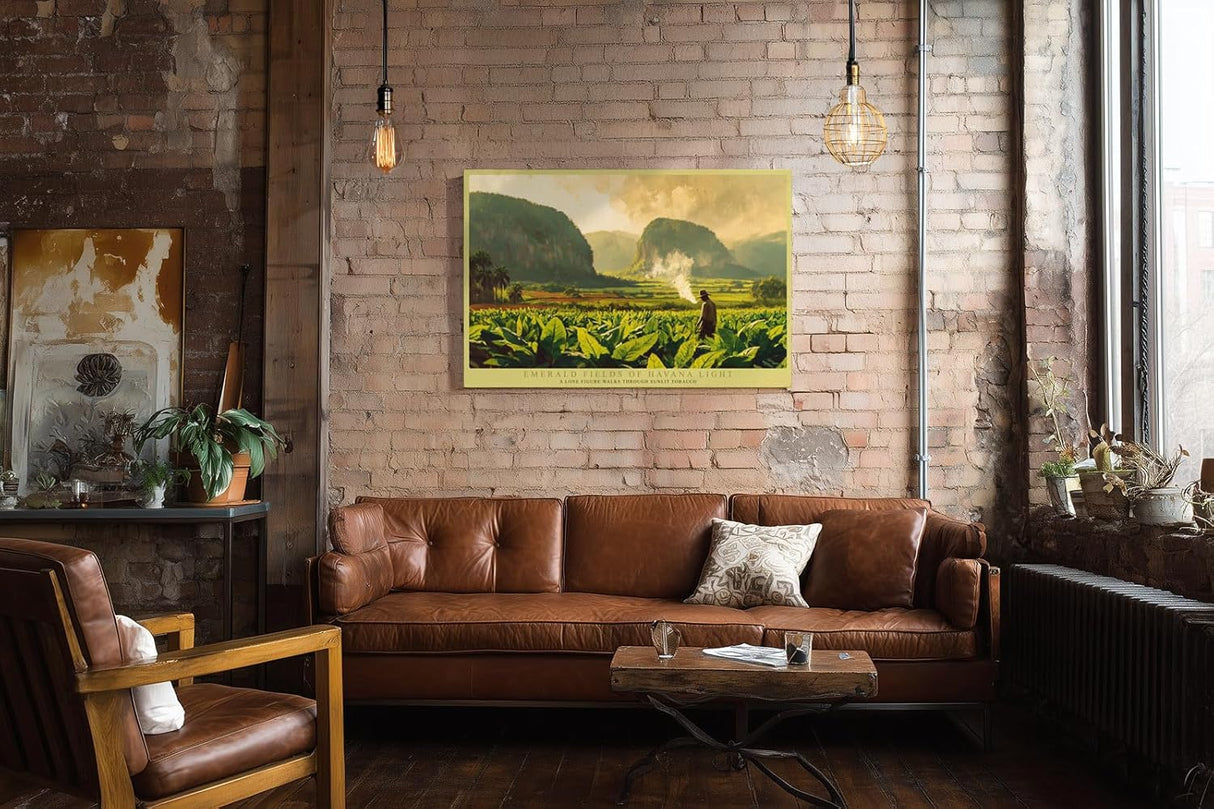 Paul Sinus Wandbild 120x80cm Tropische Landschaft mit Tabakfeld und Bergen Atmosphaerische Naturkunst in Gruen und Goldtoenen