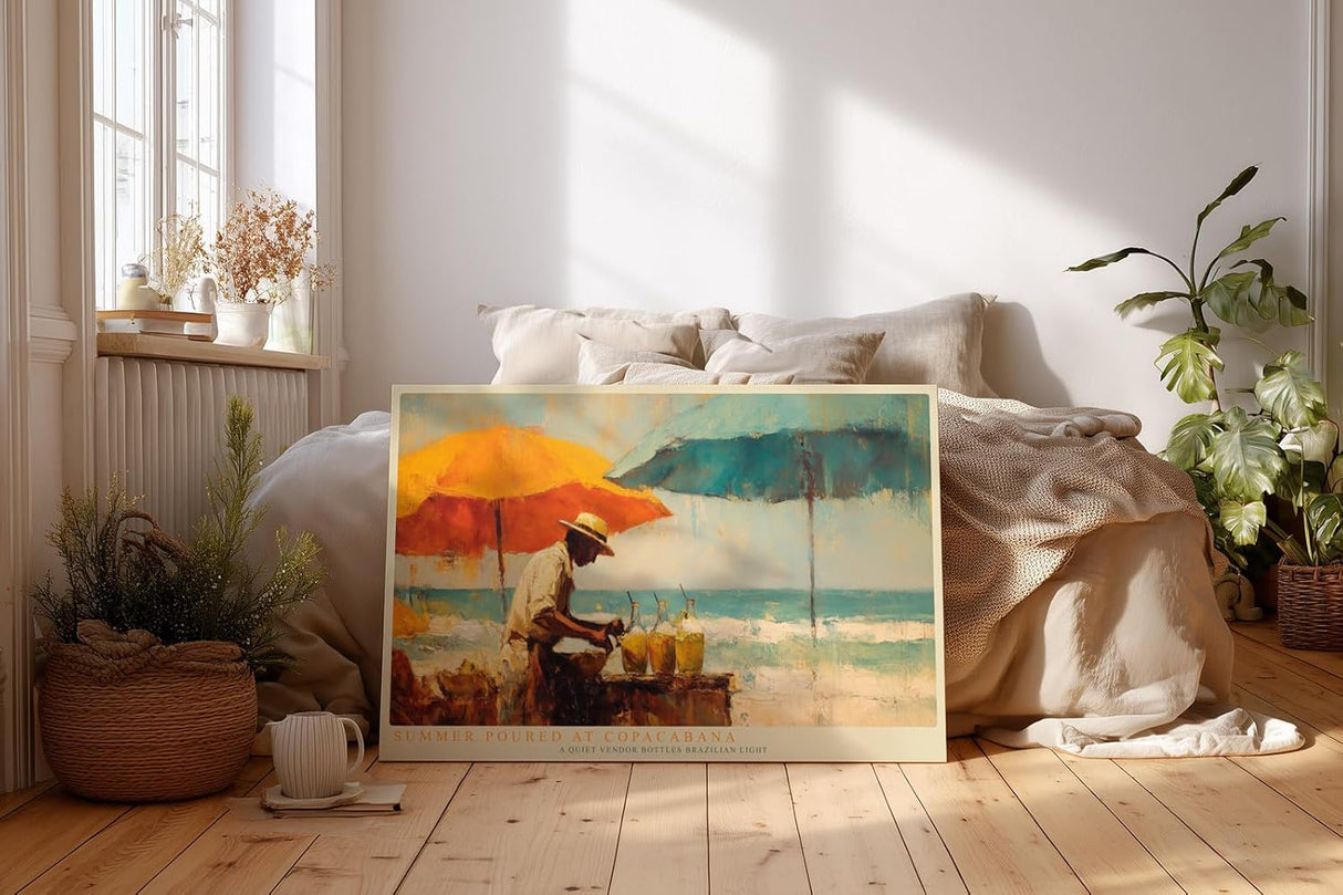 Paul Sinus Wandbild 120x80cm Tropische Strandszene Copacabana mit Sonnenschirmen und Getraenkeverkaeufer Sommerliche Kunst fuer Wohnräume