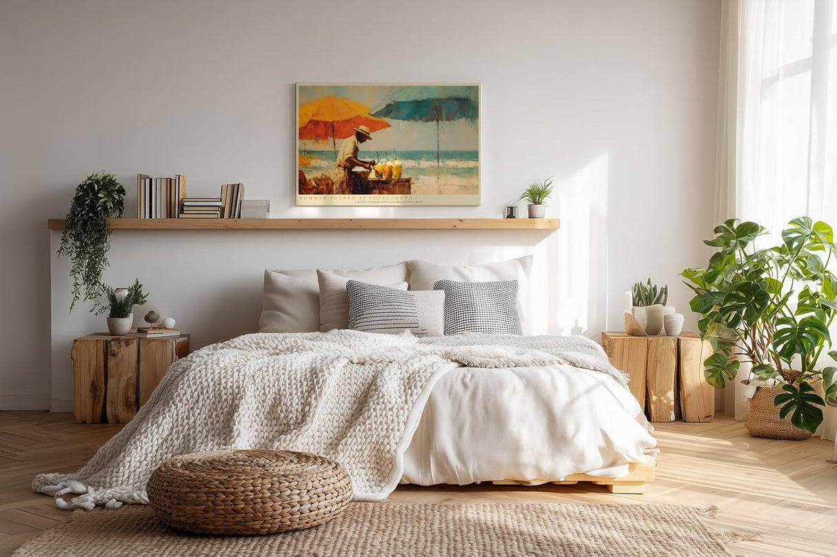 Paul Sinus Wandbild 120x80cm Tropische Strandszene Copacabana mit Sonnenschirmen und Getraenkeverkaeufer Sommerliche Kunst fuer Wohnräume