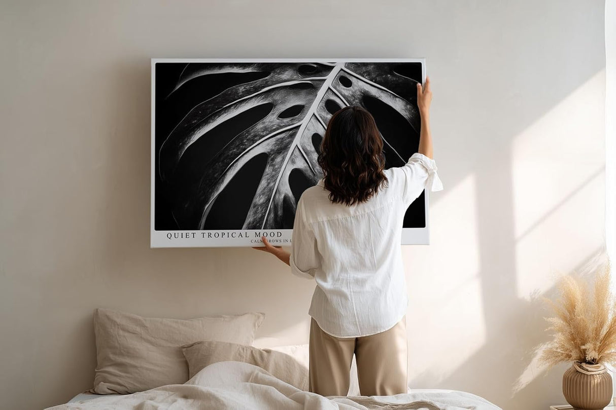 Paul Sinus Wandbild 120x80cm tropisches Blatt Monstera schwarz weiss minimalistische Natur Fotokunst moderner Kunstdruck elegante