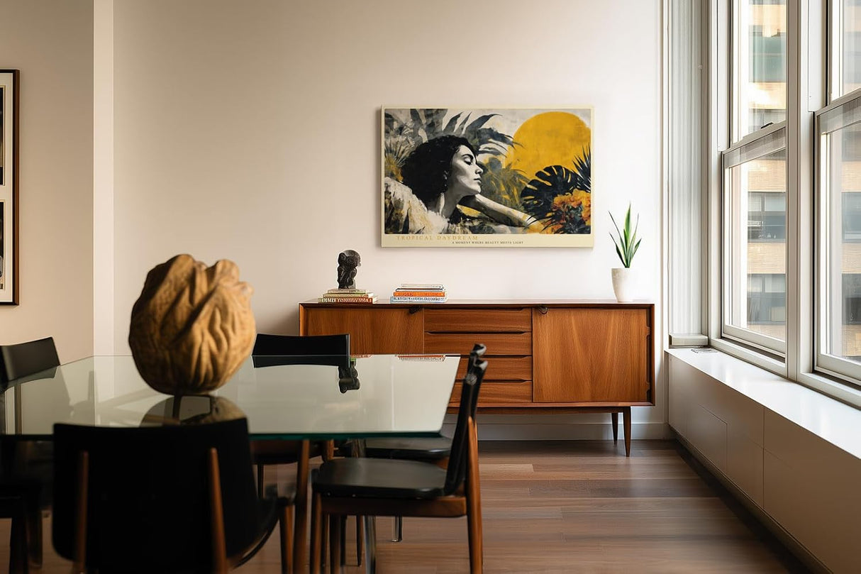 Paul Sinus Wandbild 120x80cm tropisches Frauenportrait moderne Kunst gelbe Sonne exotische Pflanzen Wanddekoration fuer Wohnzimmer Büro
