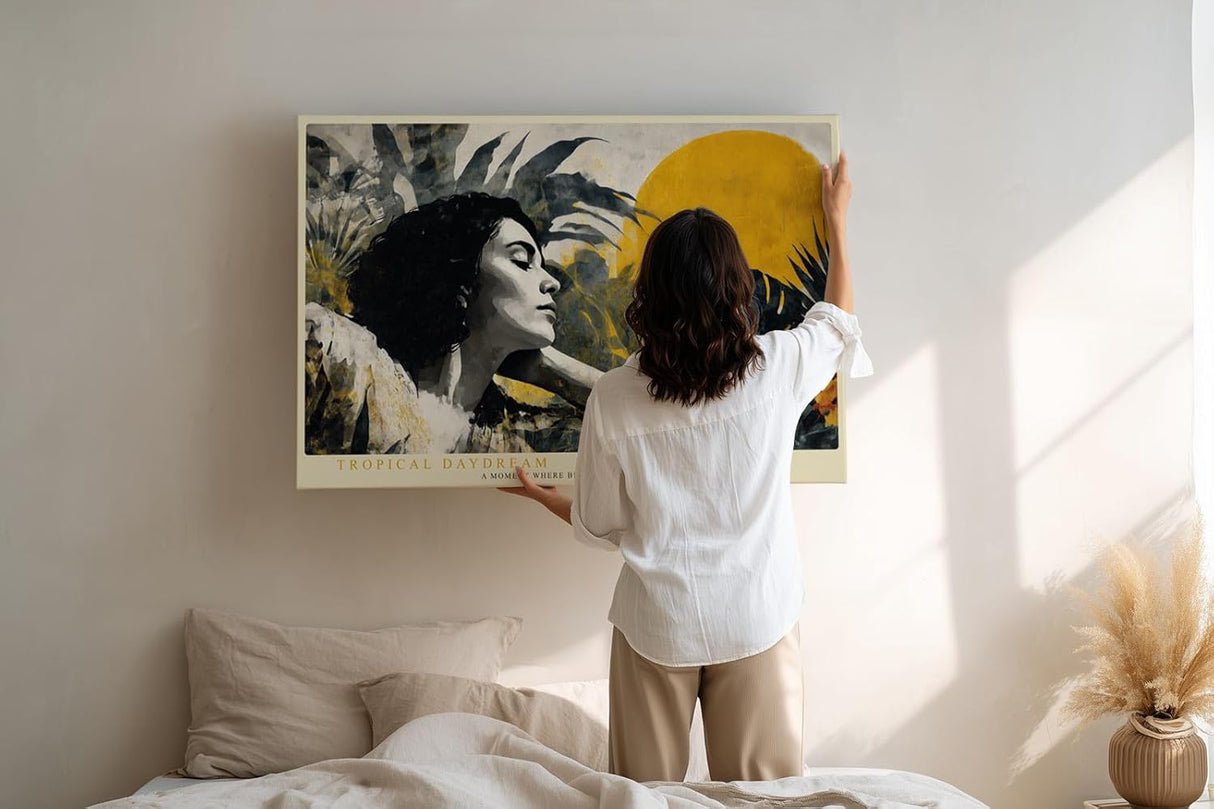Paul Sinus Wandbild 120x80cm tropisches Frauenportrait moderne Kunst gelbe Sonne exotische Pflanzen Wanddekoration fuer Wohnzimmer Büro