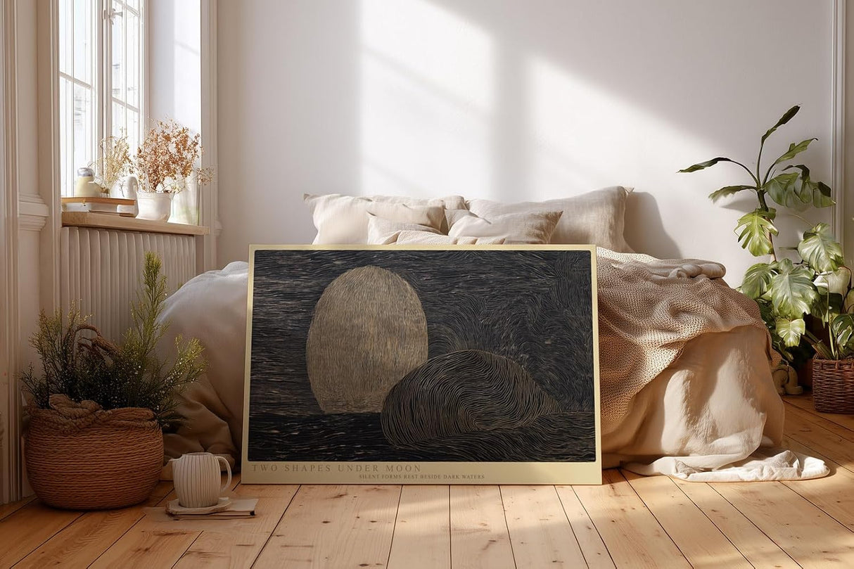 Paul Sinus Wandbild 120x80cm Two Shapes under Moon abstrakte Nachtlandschaft mit Mond moderne Minimal Kunst Poster für Wohnzimmer Büro