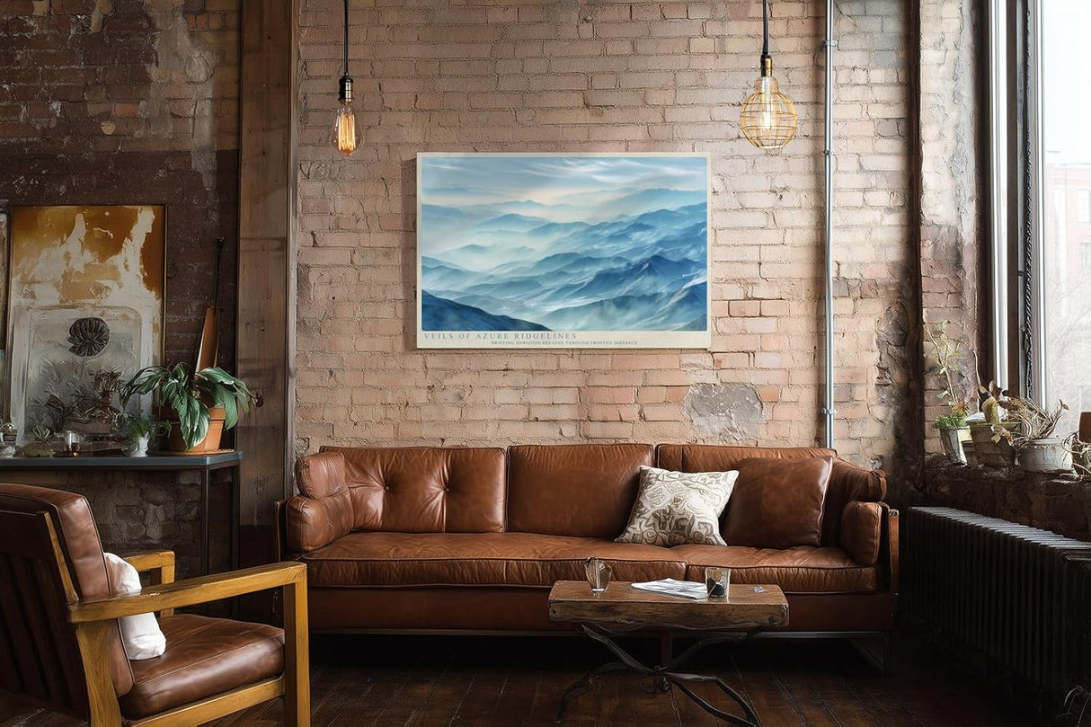 Paul Sinus Wandbild 120x80cm Veils of Azure Ridgelines Blaue Berglandschaft mit Nebel Moderne Natur Kunst fuer Wohnzimmer Schlafzimmer und Büro