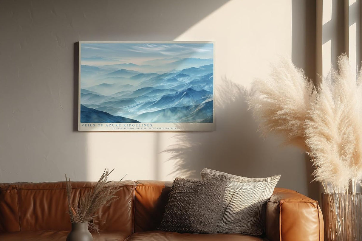 Paul Sinus Wandbild 120x80cm Veils of Azure Ridgelines Blaue Berglandschaft mit Nebel Moderne Natur Kunst fuer Wohnzimmer Schlafzimmer und Büro