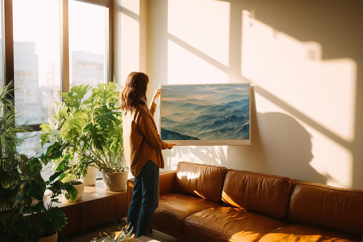 Paul Sinus Wandbild 120x80cm Veils of Azure Ridgelines Blaue Berglandschaft mit Nebel Moderne Natur Kunst fuer Wohnzimmer Schlafzimmer und Büro