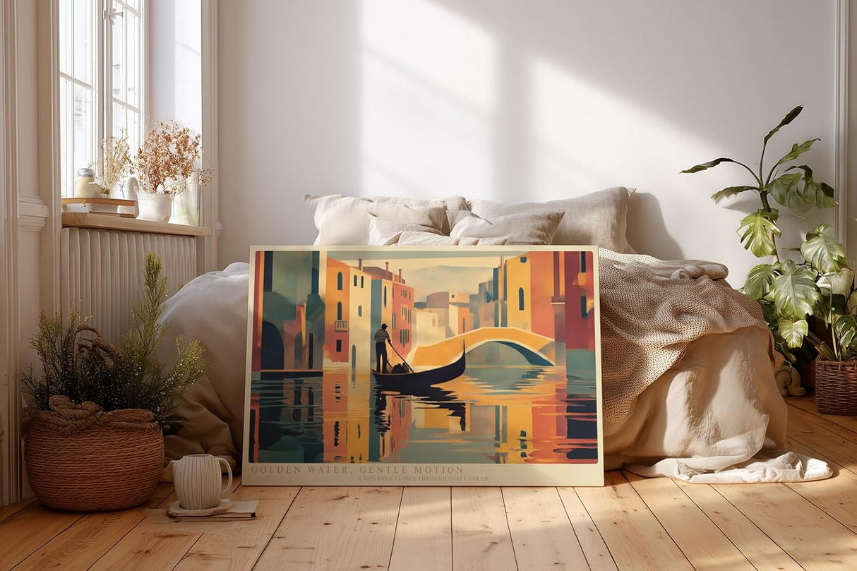 Paul Sinus Wandbild 120x80cm Venedig Gondel bei goldener Wasserreflexion moderne Stadtillustration stilvolle Wanddekoration