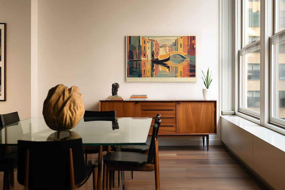 Paul Sinus Wandbild 120x80cm Venedig Gondel bei goldener Wasserreflexion moderne Stadtillustration stilvolle Wanddekoration