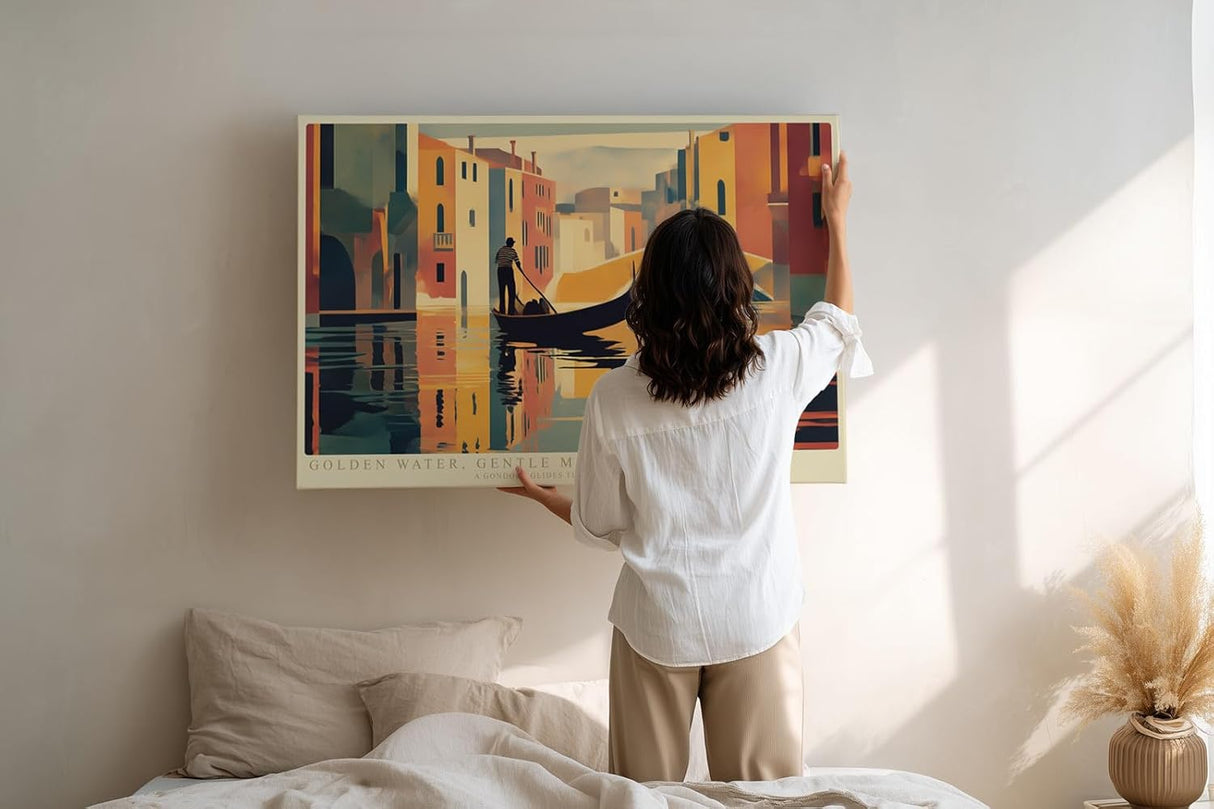 Paul Sinus Wandbild 120x80cm Venedig Gondel bei goldener Wasserreflexion moderne Stadtillustration stilvolle Wanddekoration