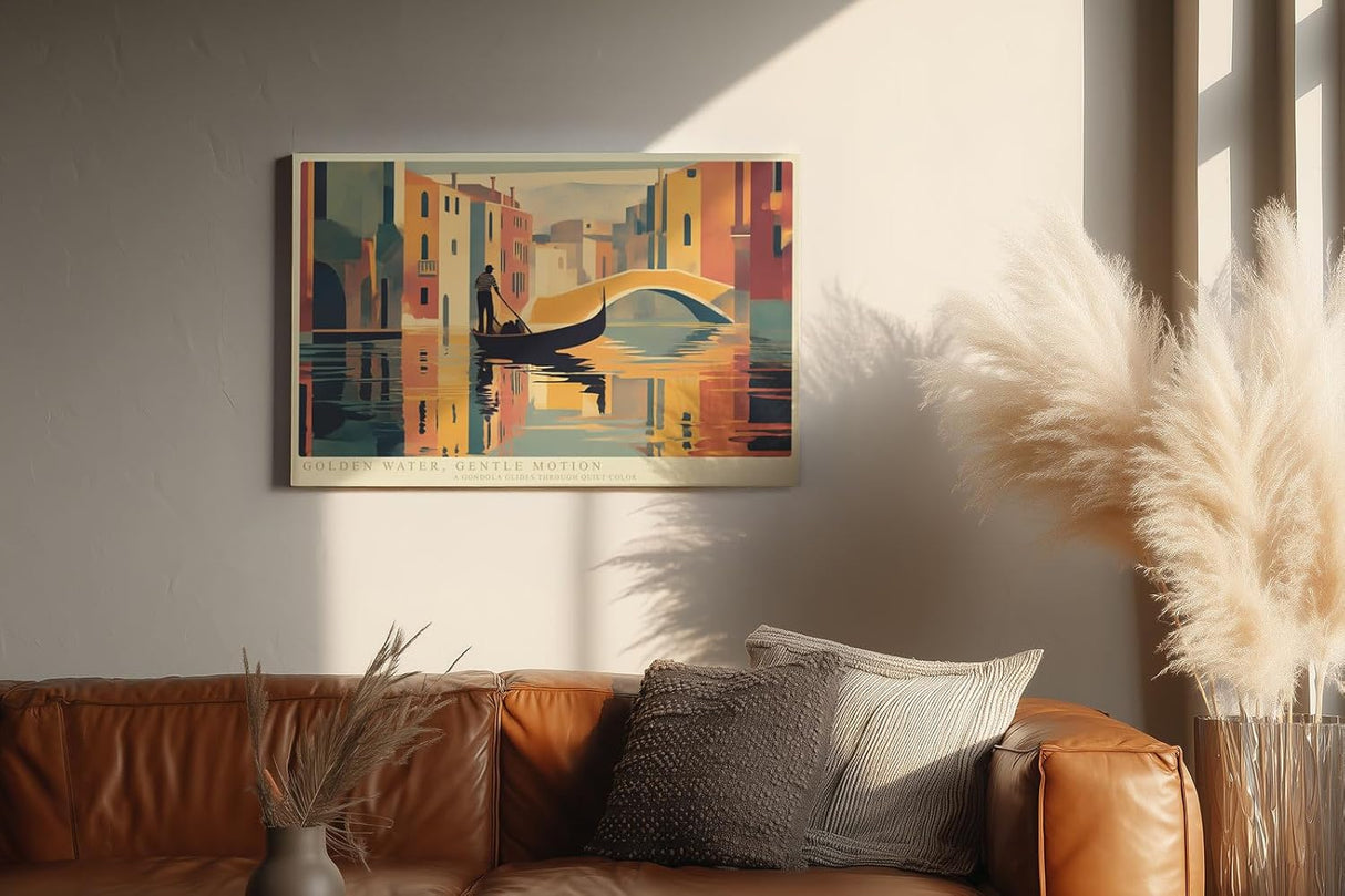 Paul Sinus Wandbild 120x80cm Venedig Gondel bei goldener Wasserreflexion moderne Stadtillustration stilvolle Wanddekoration