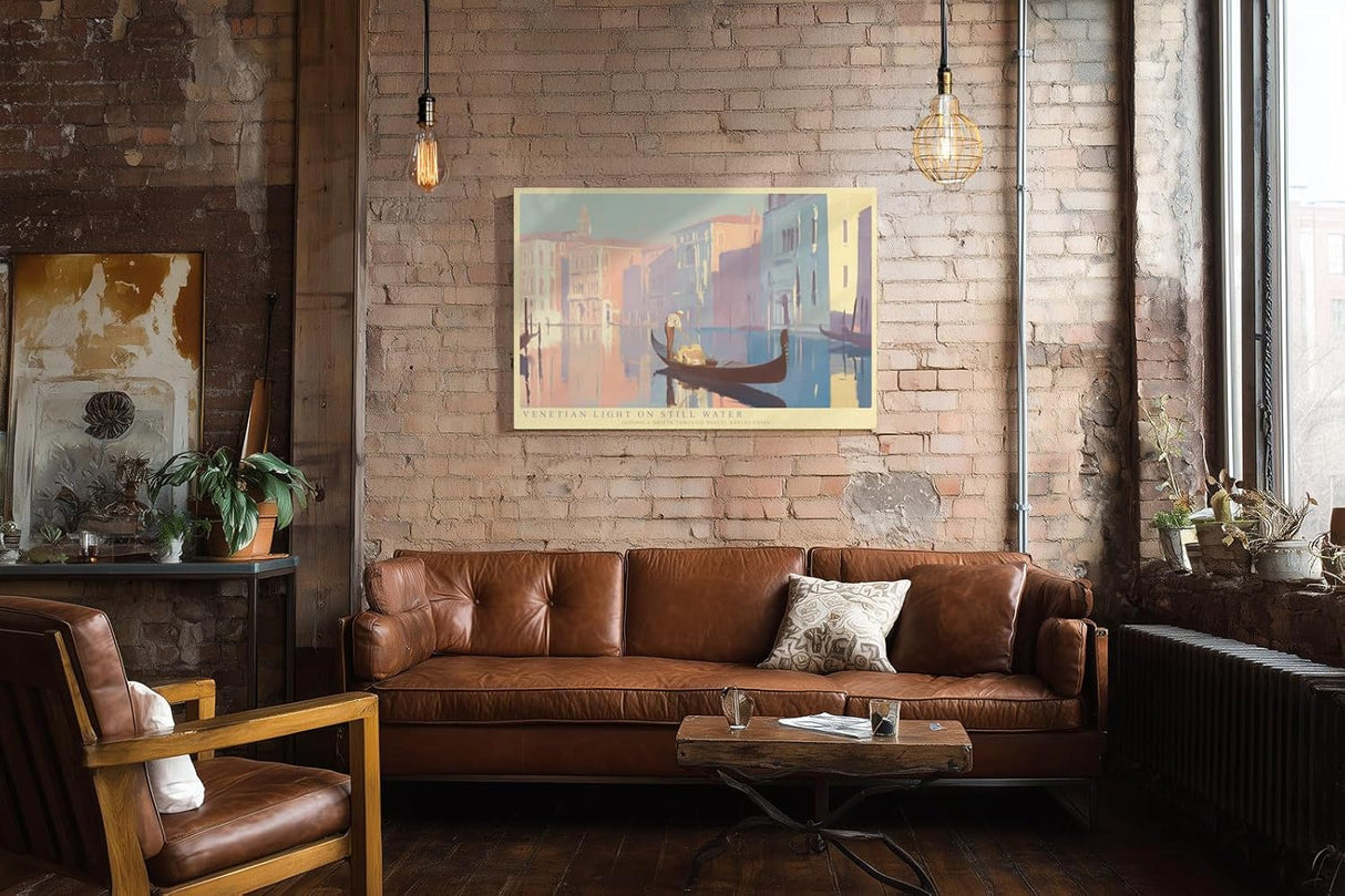 Paul Sinus Wandbild 120x80cm Venedig Gondel Pastell Illustration Romantische Stadtlandschaft Kunst für Wohnzimmer Schlafzimmer Büro