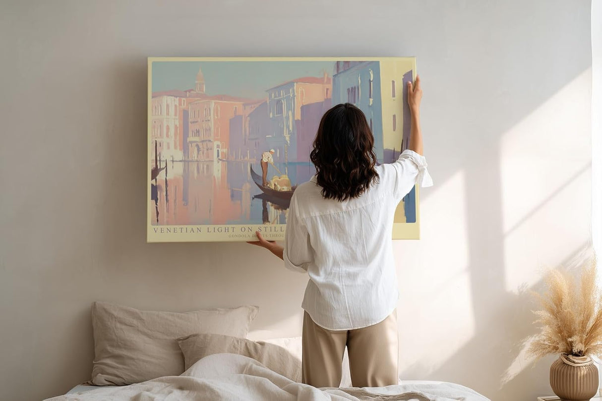 Paul Sinus Wandbild 120x80cm Venedig Gondel Pastell Illustration Romantische Stadtlandschaft Kunst für Wohnzimmer Schlafzimmer Büro