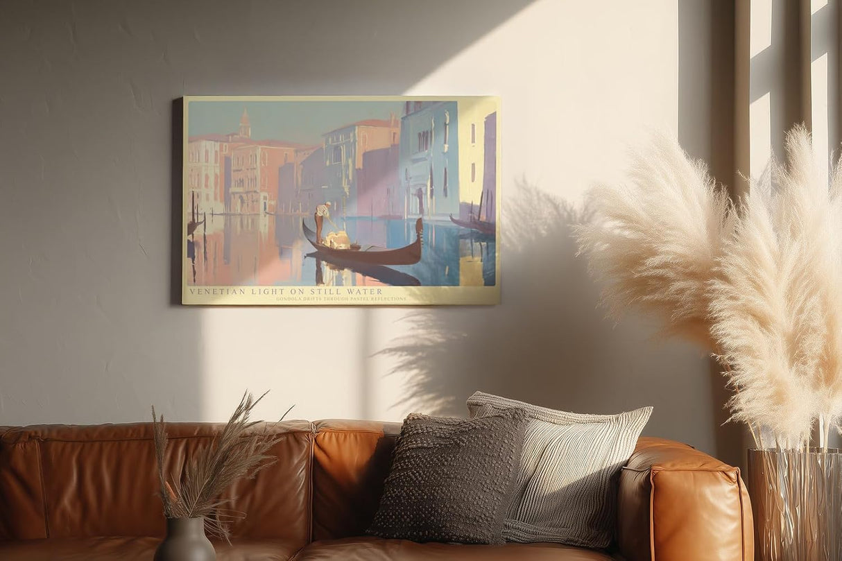 Paul Sinus Wandbild 120x80cm Venedig Gondel Pastell Illustration Romantische Stadtlandschaft Kunst für Wohnzimmer Schlafzimmer Büro