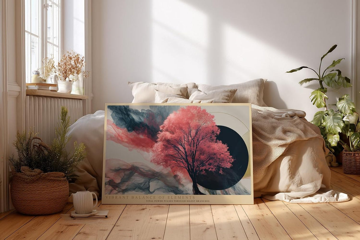 Paul Sinus Wandbild 120x80cm Vibrant Balance of Elements moderner Baum mit roten Blättern abstrakte Natur Kunst Poster für Wohnzimmer Schlafzimmer
