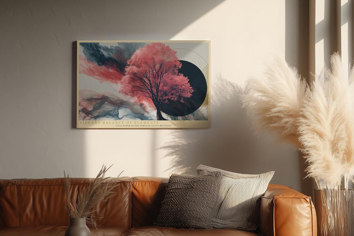 Paul Sinus Wandbild 120x80cm Vibrant Balance of Elements moderner Baum mit roten Blättern abstrakte Natur Kunst Poster für Wohnzimmer Schlafzimmer
