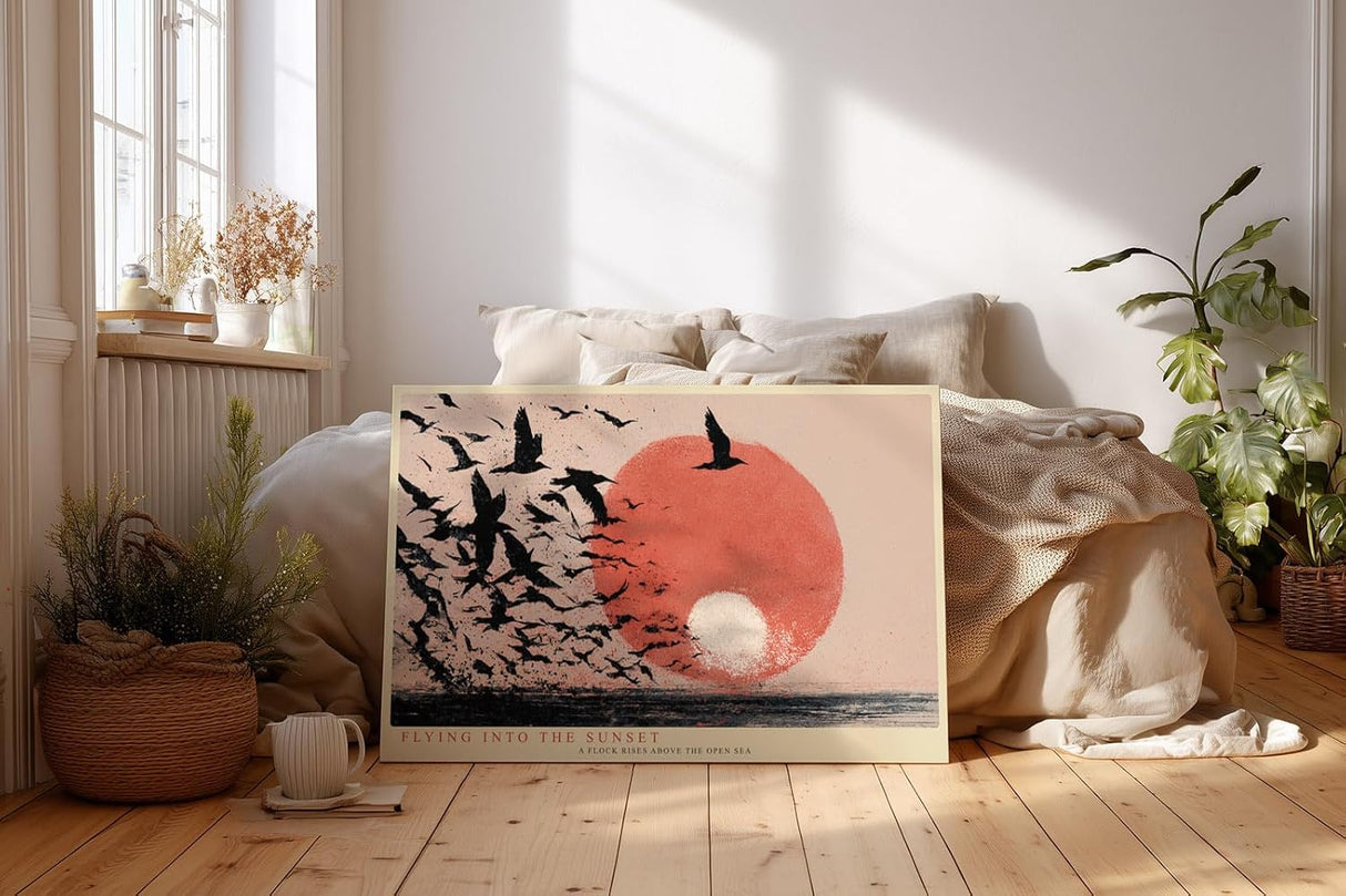 Paul Sinus Wandbild 120x80cm Voegel Schwarm Sonnenuntergang Meer moderne Landschaftskunst roter Himmel stilvolle Wanddekoration fuer Wohnzimmer Büro