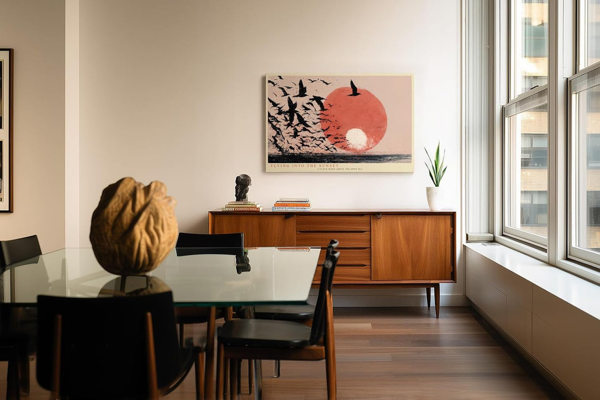 Paul Sinus Wandbild 120x80cm Voegel Schwarm Sonnenuntergang Meer moderne Landschaftskunst roter Himmel stilvolle Wanddekoration fuer Wohnzimmer Büro