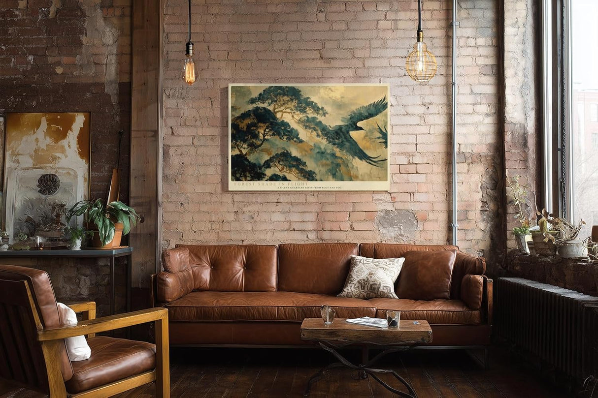 Paul Sinus Wandbild 120x80cm Vogel im Flug Asiatische Landschaft Kunstmotiv Baum und Nebel Natur Szene