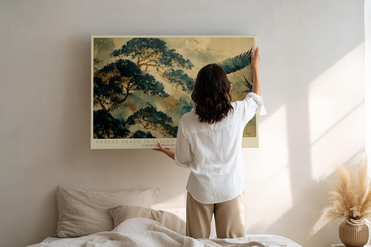 Paul Sinus Wandbild 120x80cm Vogel im Flug Asiatische Landschaft Kunstmotiv Baum und Nebel Natur Szene