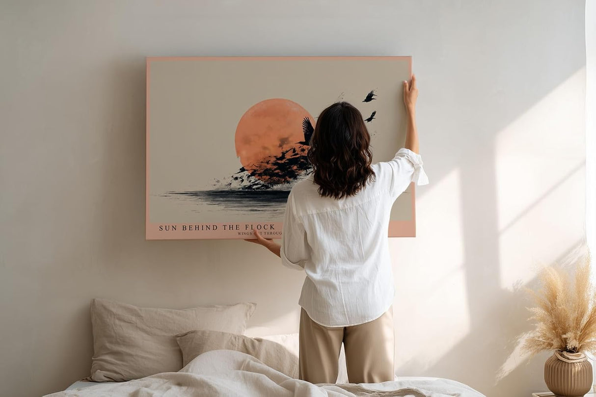 Paul Sinus Wandbild 120x80cm Vogelschwarm vor Abendsonne moderne Natur Illustration minimalistische Landschaft Kunst schwarz beige warmes Sonnenlicht stilvolle