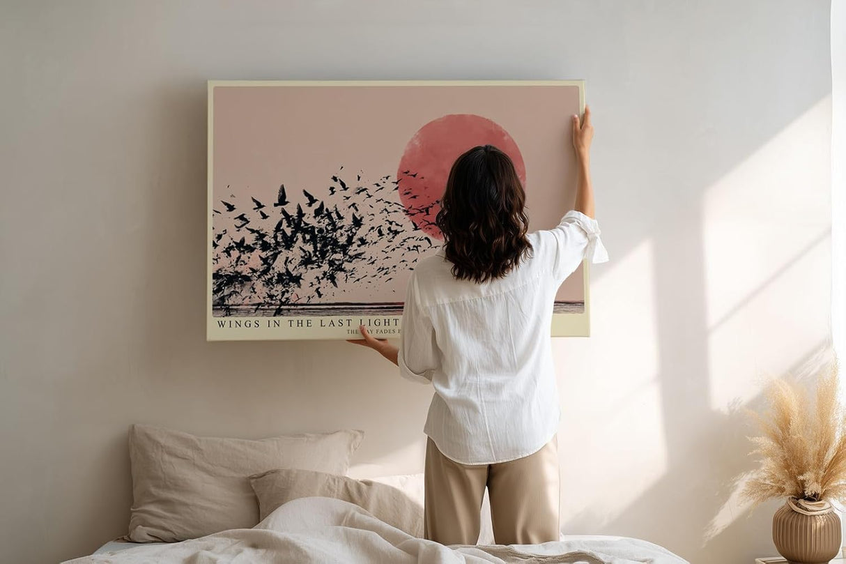 Paul Sinus Wandbild 120x80cm Vogelschwarm vor großer roter Sonne modernes Naturmotiv minimalistische Landschaft Kunst schwarz beige stilvolle