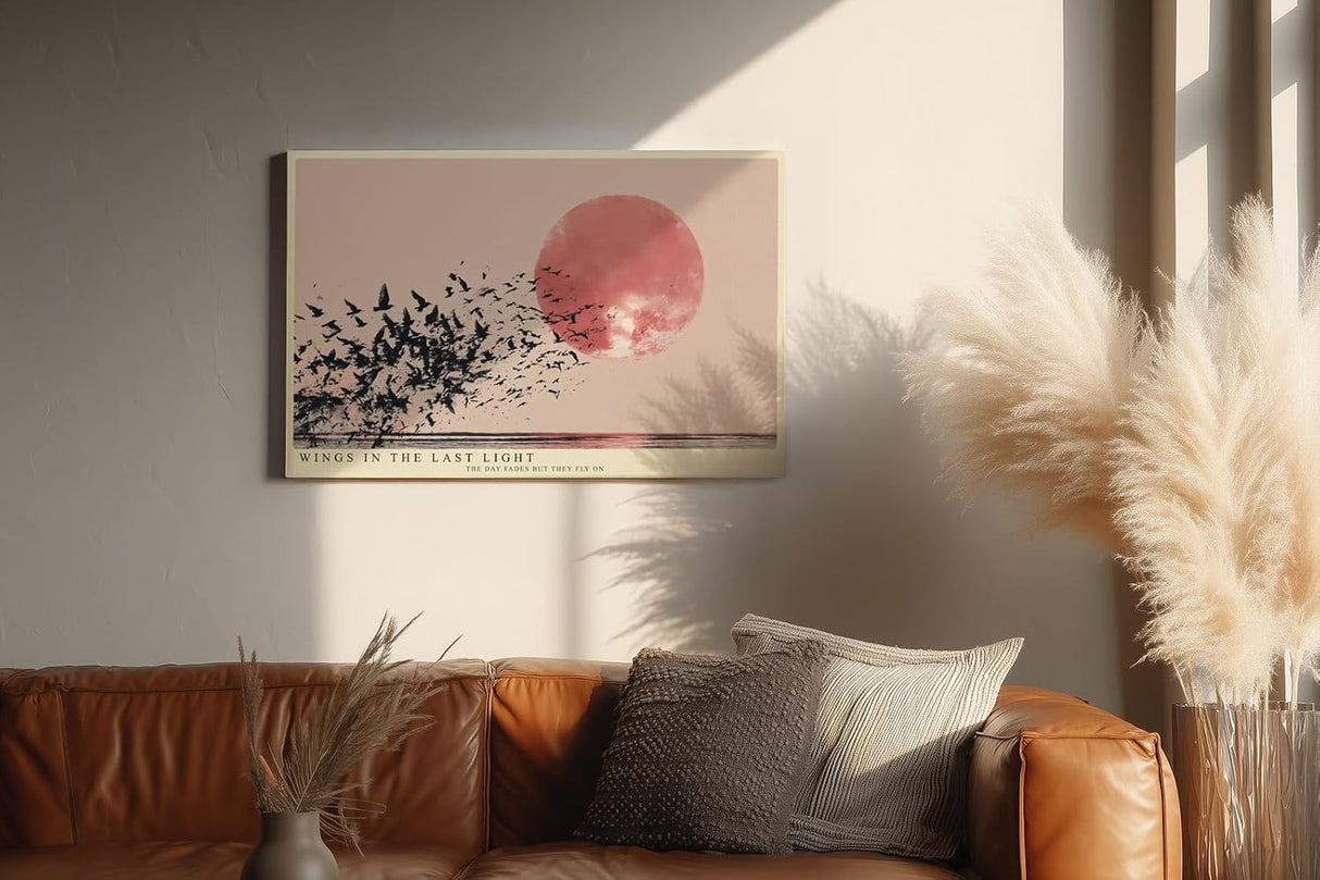 Paul Sinus Wandbild 120x80cm Vogelschwarm vor großer roter Sonne modernes Naturmotiv minimalistische Landschaft Kunst schwarz beige stilvolle