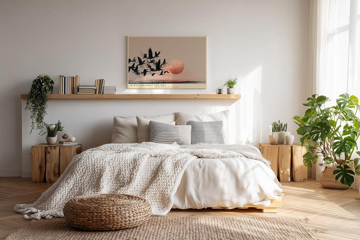 Paul Sinus Wandbild 120x80cm Vogelschwarm vor roter Sonne moderne Landschaft Illustration minimalistische Naturkunst schwarz beige stilvolle