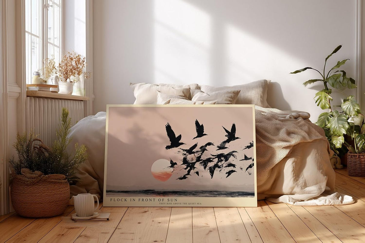 Paul Sinus Wandbild 120x80cm Vogelschwarm vor Sonnenuntergang minimalistische Landschaft Kunst schwarz beige roter Horizont modernes Naturbild stilvolle