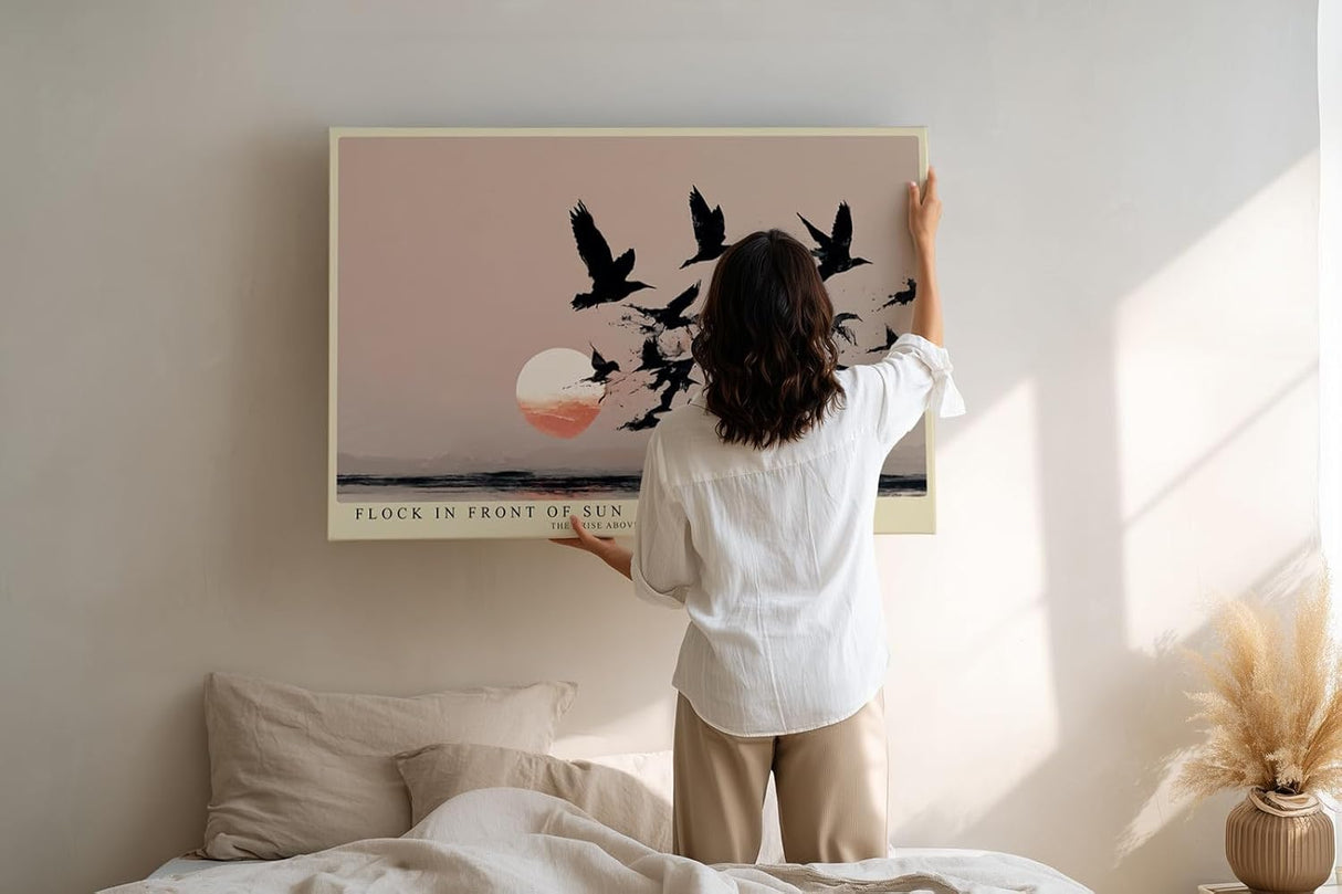 Paul Sinus Wandbild 120x80cm Vogelschwarm vor Sonnenuntergang minimalistische Landschaft Kunst schwarz beige roter Horizont modernes Naturbild stilvolle