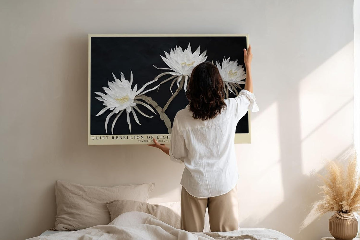 Paul Sinus Wandbild 120x80cm weisse Blueten auf dunklem Hintergrund elegante Blumenfotografie moderne florale Wanddekoration fuer Wohnzimmer Büro