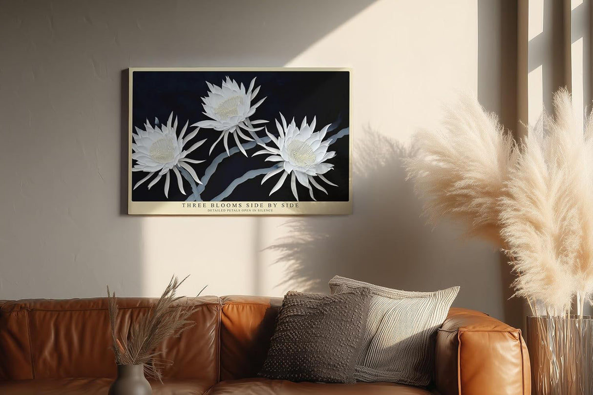 Paul Sinus Wandbild 120x80cm weisse Blumen auf dunklem Hintergrund elegante botanische Kunst moderne Naturfotografie Kunstdruck stilvolle Wanddekoration fuer Wohnzimmer Schlafzimmer Flur