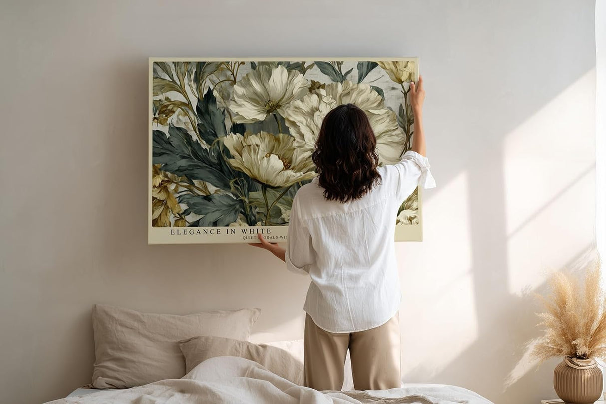 Paul Sinus Wandbild 120x80cm weisse Blumen elegante Naturmalerei florale Kunst beige gruene Toene stilvolle Wanddekoration fuer Wohnzimmer Büro
