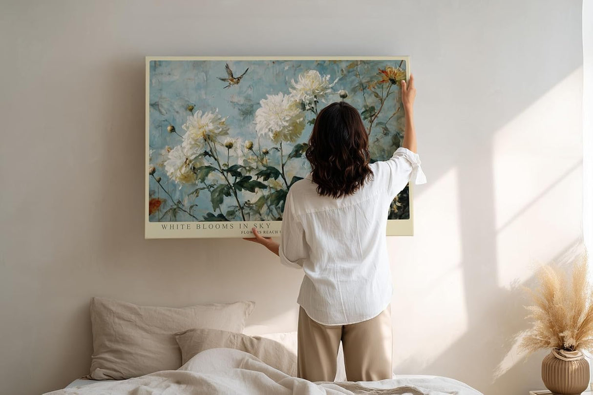 Paul Sinus Wandbild 120x80cm Weisse Gartenblumen gegen Himmel Botanische Kunst in Blau und Weiss Wanddekoration
