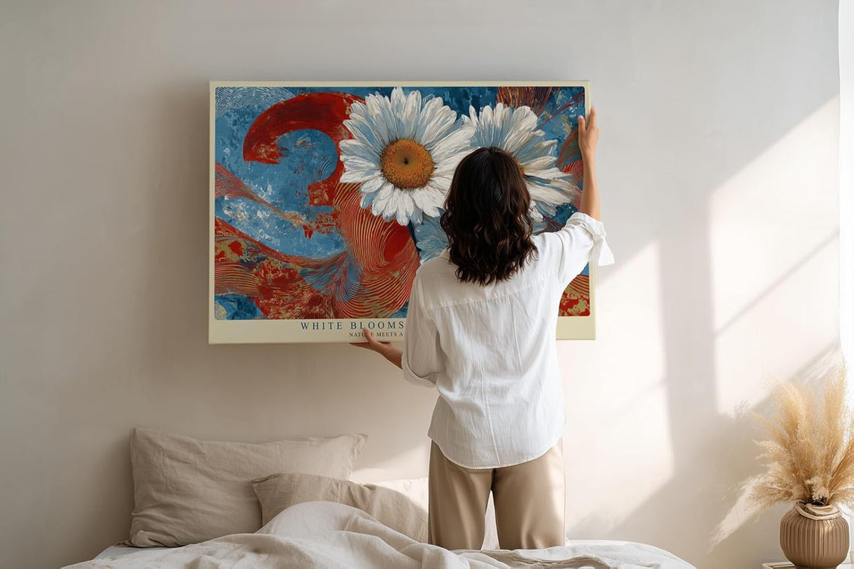 Paul Sinus Wandbild 120x80cm Weiße Margeriten mit abstraktem Hintergrund – Moderne Blumenkunst mit starken Farben für lebendige Wohnräume