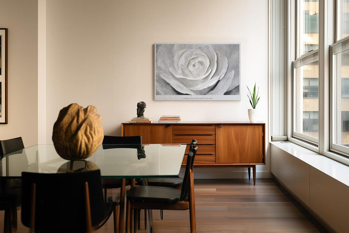 Paul Sinus Wandbild 120x80cm Weisse Rose Makro Kunstmotiv Abstrakte Blumenstruktur mit sanften Formen und moderner Eleganz