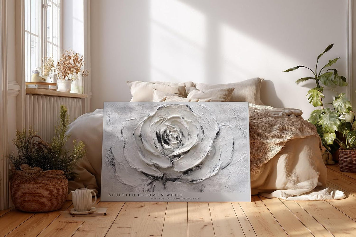 Paul Sinus Wandbild 120x80cm Weisse Rose Relief Blumen Kunst Moderne Strukturmalerei Elegantes Florales Kunstmotiv in Weiss und Grau
