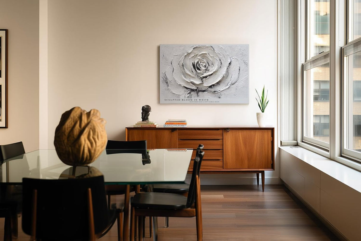 Paul Sinus Wandbild 120x80cm Weisse Rose Relief Blumen Kunst Moderne Strukturmalerei Elegantes Florales Kunstmotiv in Weiss und Grau