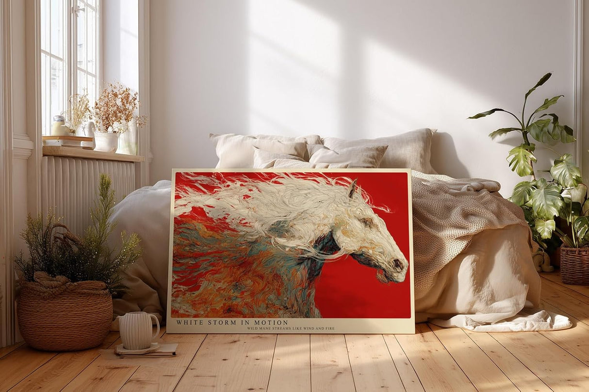 Paul Sinus Wandbild 120x80cm weisses Pferd abstrakte Bewegungskunst rot creme modernes Tiermotiv Kunstdruck grosses Wandbild 120x80cm elegante Wanddekoration fuer Wohnzimmer Büro