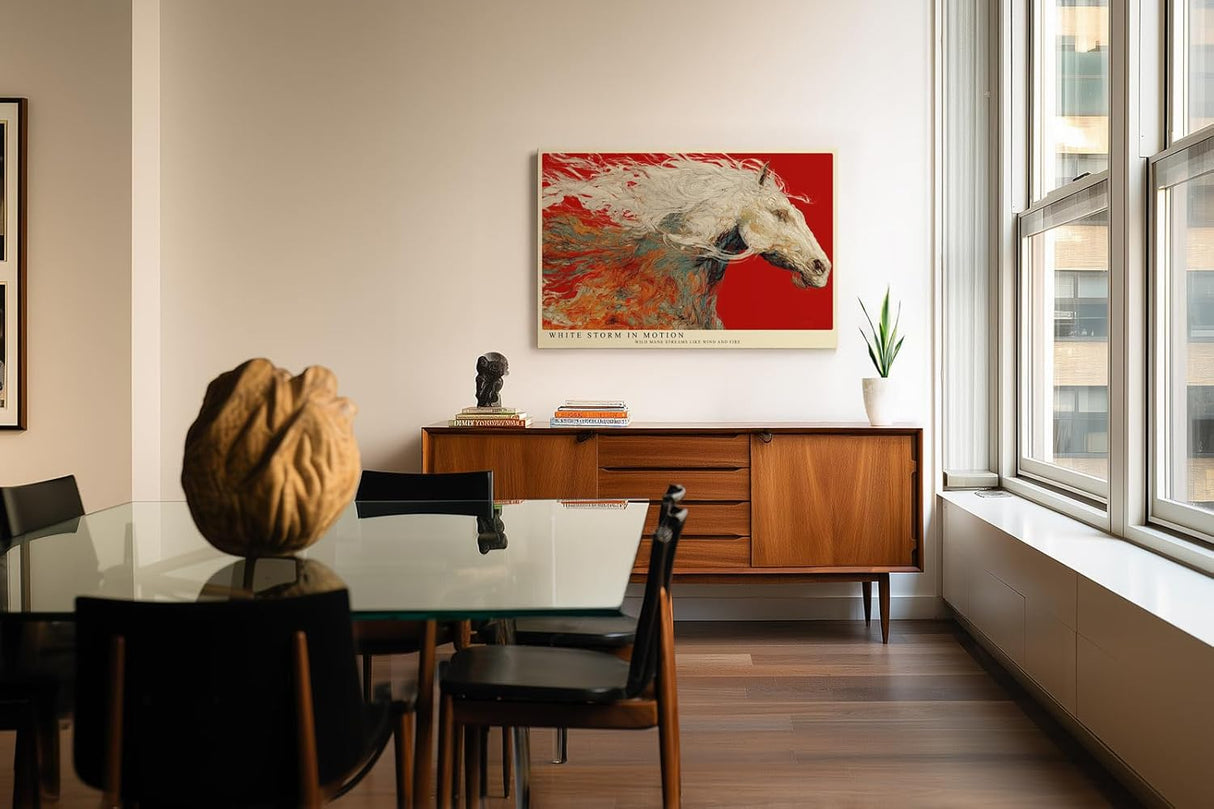 Paul Sinus Wandbild 120x80cm weisses Pferd abstrakte Bewegungskunst rot creme modernes Tiermotiv Kunstdruck grosses Wandbild 120x80cm elegante Wanddekoration fuer Wohnzimmer Büro