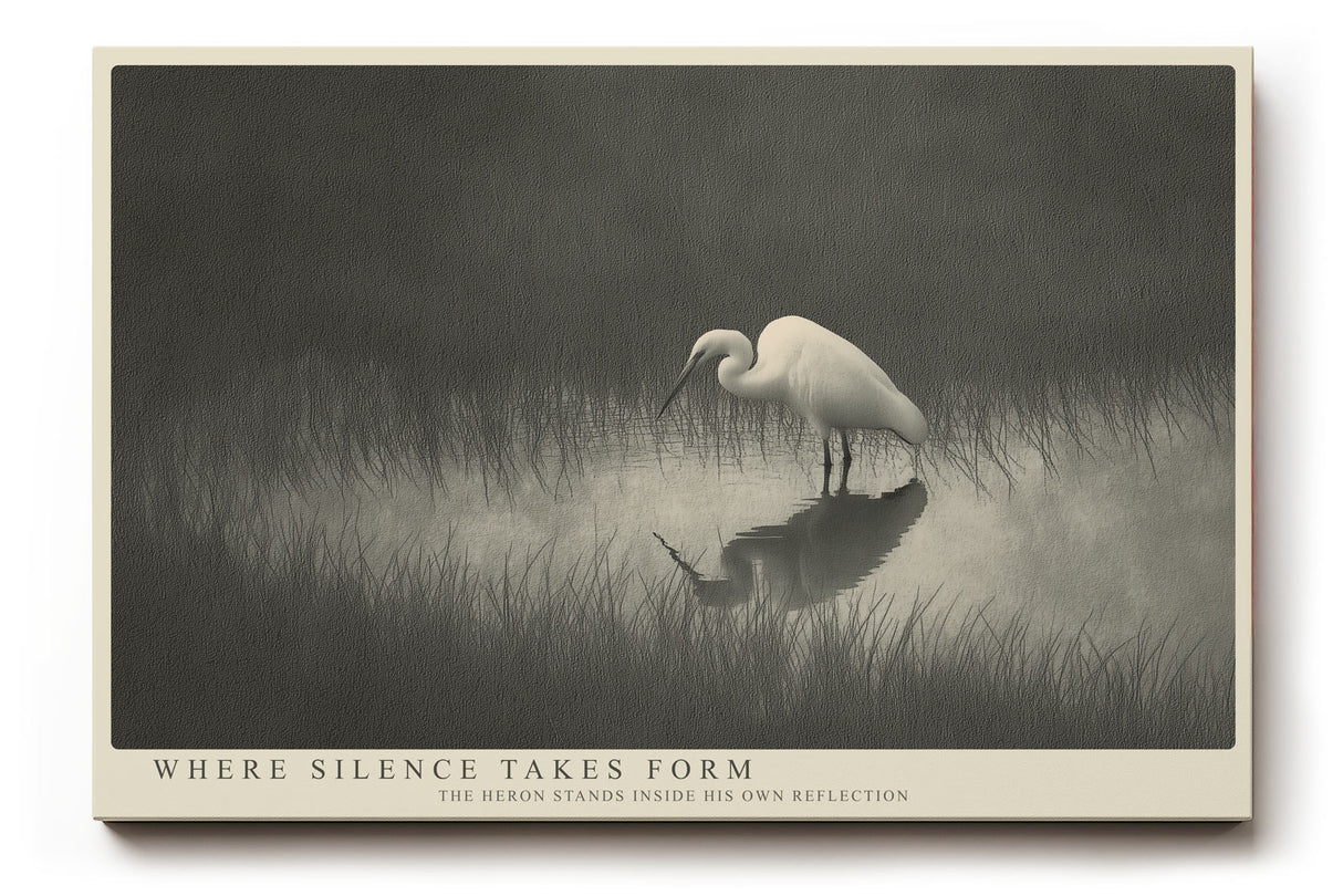 Paul Sinus Wandbild Where Silence Takes Form Minimalist Heron Scene in Mist and Reflection