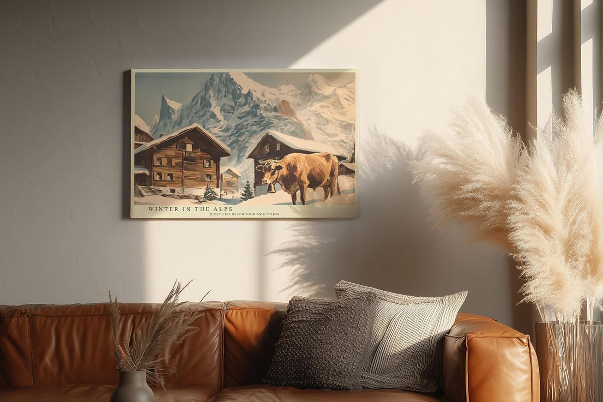 Paul Sinus Wandbild 120x80cm Winter Alpen Landschaft Chalet Kuh LeinWandbild 120x80cm Bergdorf Natur Wanddekoration