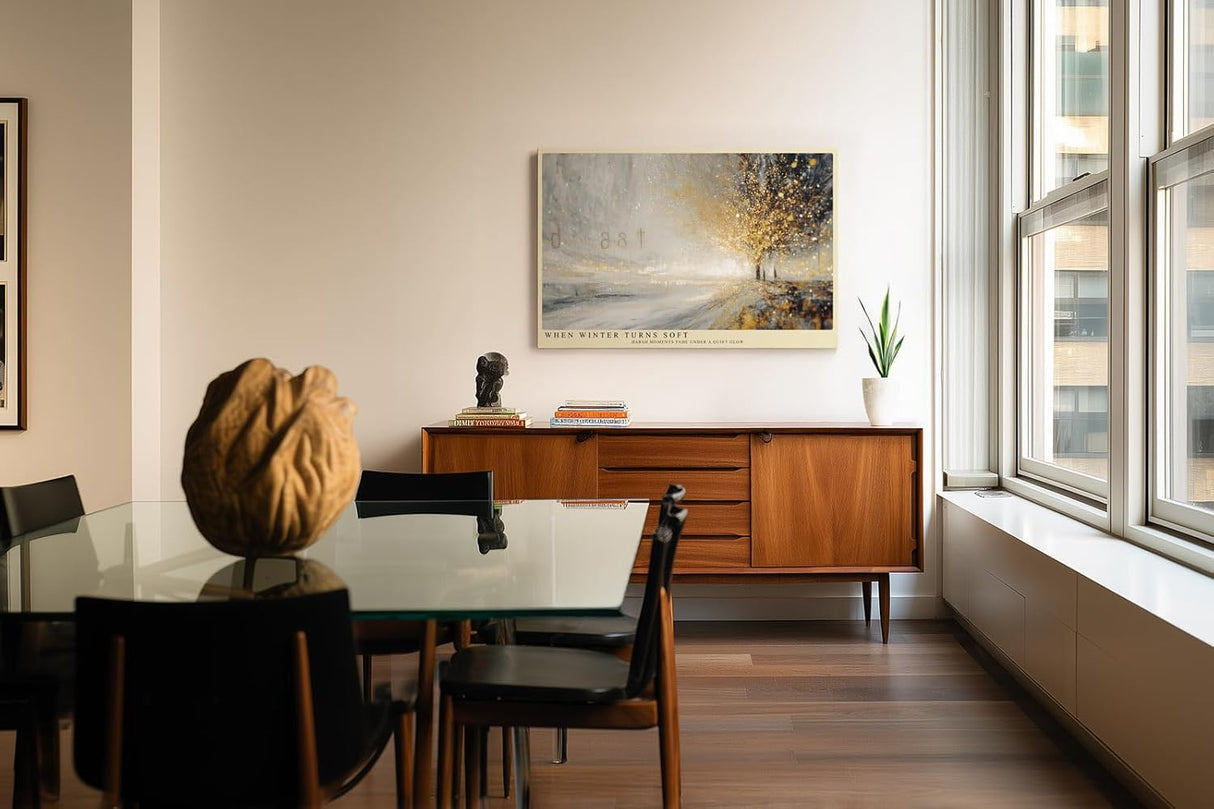 Paul Sinus Wandbild 120x80cm Winterlandschaft mit goldenem Licht abstrakte Naturkunst moderne Schneelandschaft warme Atmosphaere stilvolle Wanddekoration fuer Wohnzimmer Büro