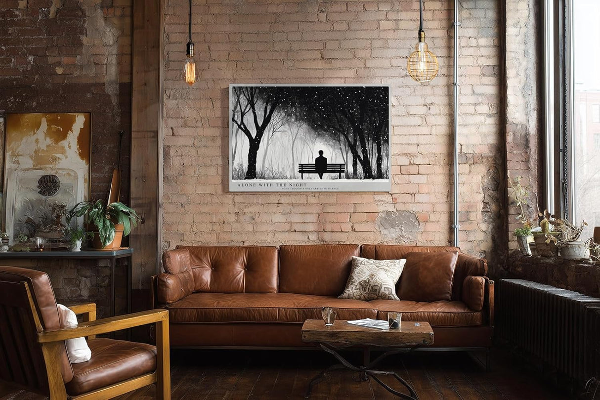 Paul Sinus Wandbild 120x80cm winterlicher Park bei Nacht Silhouette auf Bank monochrome Landschaftskunst ruhige Wanddekoration fuer Wohnzimmer Büro