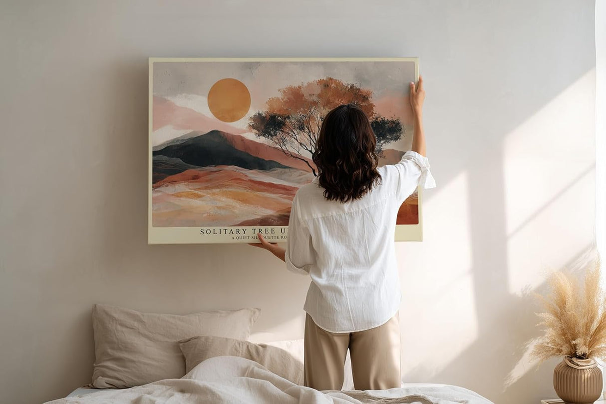 Paul Sinus Wandbild 120x80cm Wuestenlandschaft mit Baum und Sonne Warme Naturkunst in Orange und Beige fuer moderne Wohnräume
