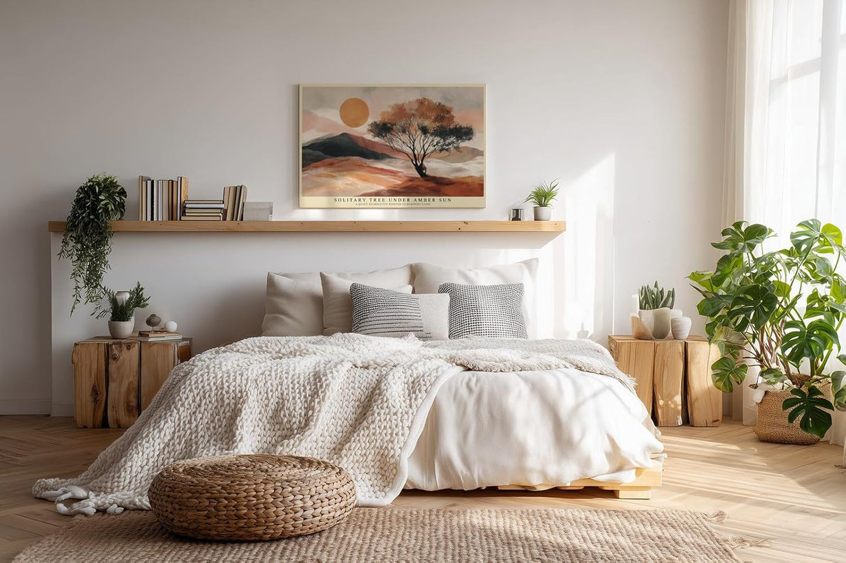 Paul Sinus Wandbild 120x80cm Wuestenlandschaft mit Baum und Sonne Warme Naturkunst in Orange und Beige fuer moderne Wohnräume