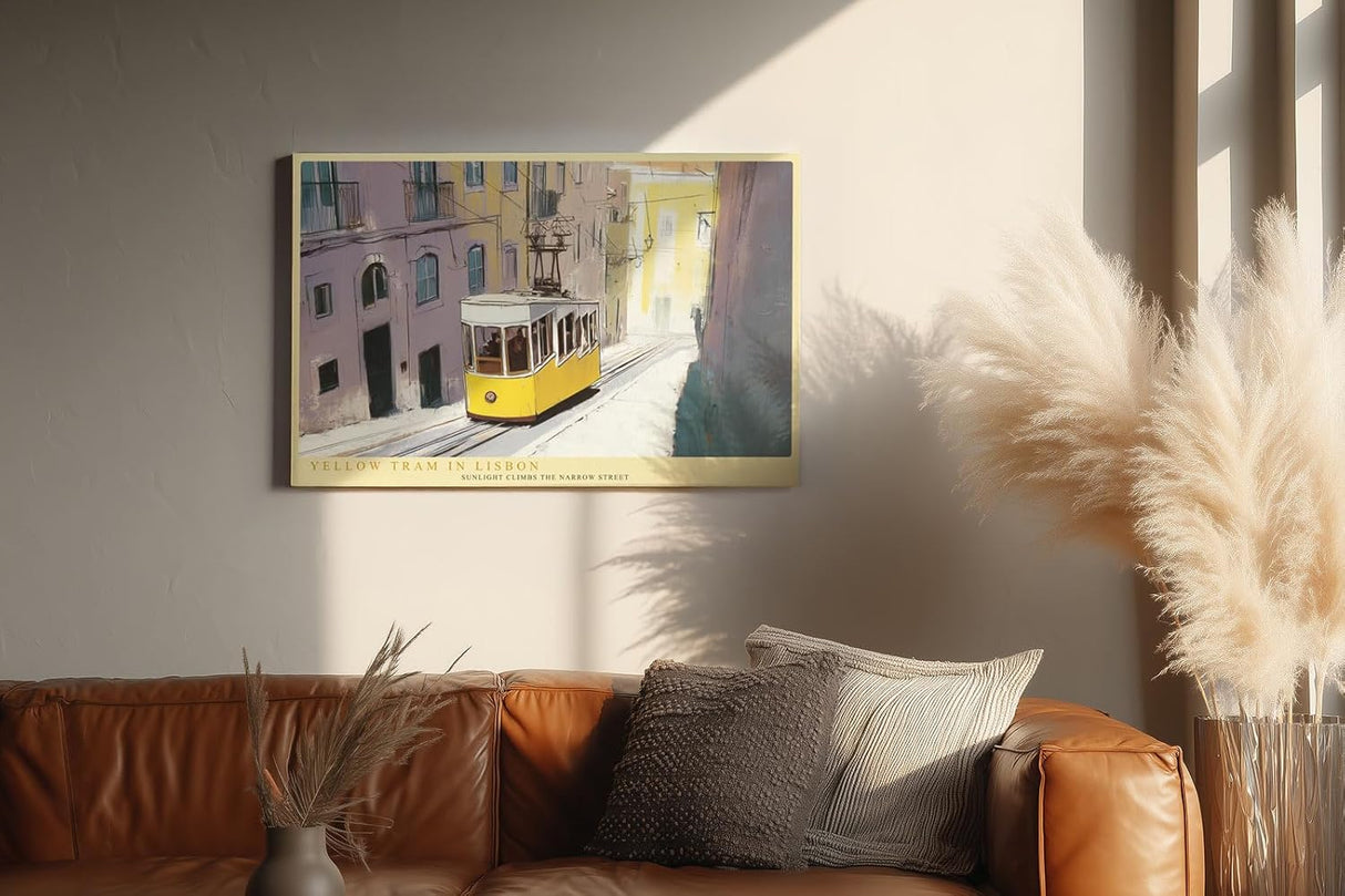 Paul Sinus Wandbild 120x80cm Yellow Tram in Lisbon Stadt Szene Straßenbahn Lissabon Reise Kunst Poster für Wohnzimmer Büro Flur